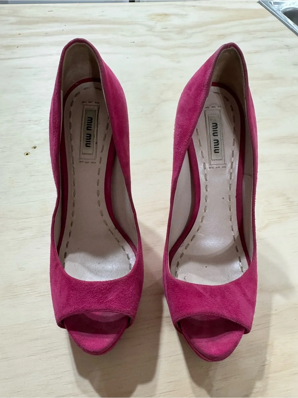 Miu Miu Hot Pink Suede Peep-Toe Platform Pumps